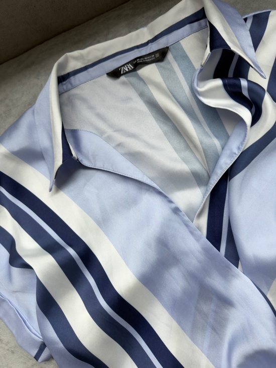 ZARA Blue & White Striped Tie Front Blouse | Satin Silky Wrap Top | Coastal | XS - Picture 5 of 8